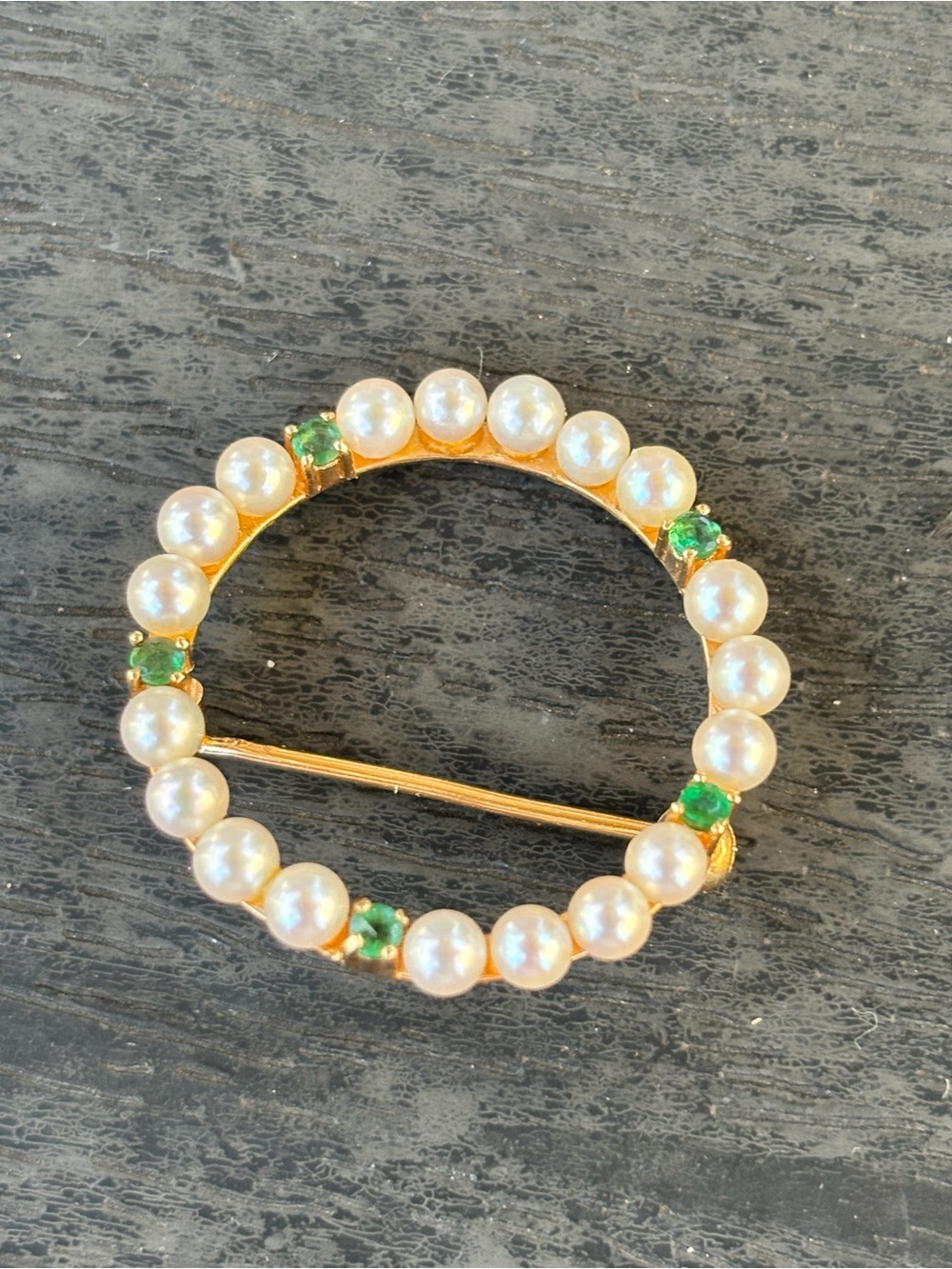 Gold Pearl and Emerald Circle Brooch - Women Jewelry